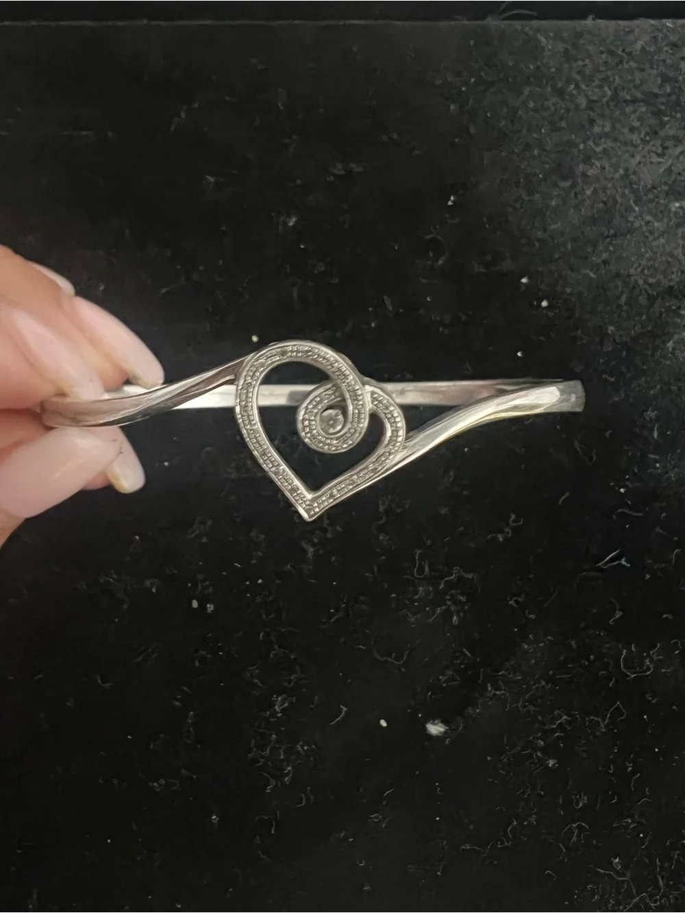 925 Sterling silver diamond swirl heart hinged bangle bracelet. KSJ